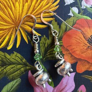 Handmade Earring Set Green Crystal Witch Earth Nature & Sterling Silver Cauldron